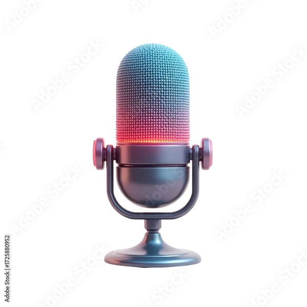 Fototapeta A stylized, vintage-inspired microphone glows with vibrant, warm hues against a stark black backdrop.