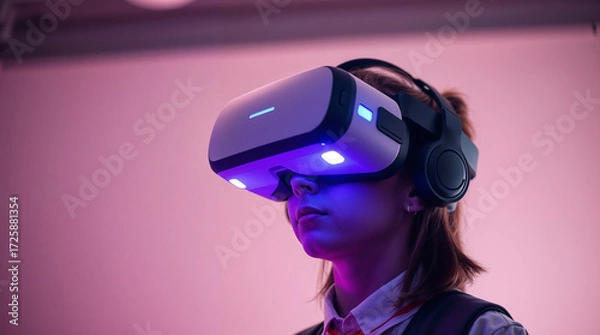 Fototapeta School student with VR headset using AI artificial intelligence technology. machine learning. Interactive technology in classroom. Smart tech. blue hologram in education