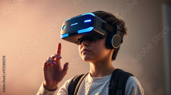 Fototapeta School student with VR headset using AI artificial intelligence technology. machine learning. Interactive technology in classroom. Smart tech. blue hologram in education