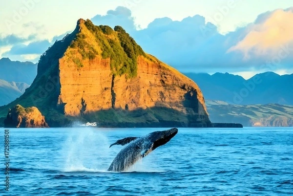 Fototapeta Majestic Humpback Whale Breaching at Sunrise, Dramatic Coastal Cliffs, Vibrant Ocean, Serene Morning Light, Breathtaking Wildlife Scene, Pacific Ocean, Island Landscape,  Nature Photography.