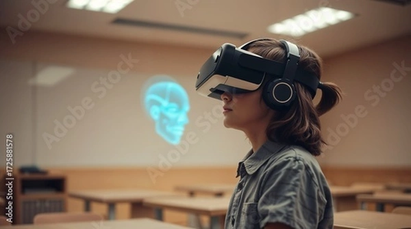 Fototapeta School student with VR headset using AI artificial intelligence technology. machine learning. Interactive technology in classroom. Smart tech. blue hologram in education