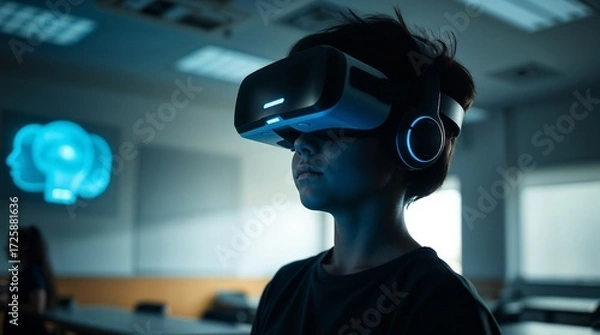 Fototapeta School student with VR headset using AI artificial intelligence technology. machine learning. Interactive technology in classroom. Smart tech. blue hologram in education