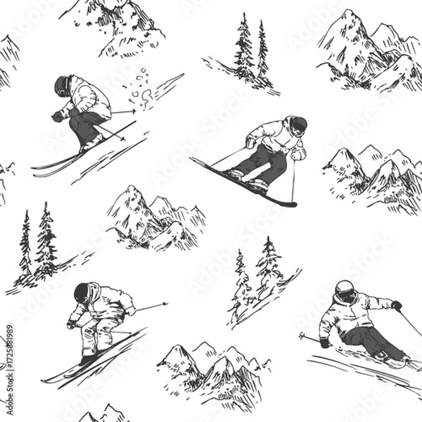 Fototapeta Skiers set, hand drawn sketch, monochrome vector illustration