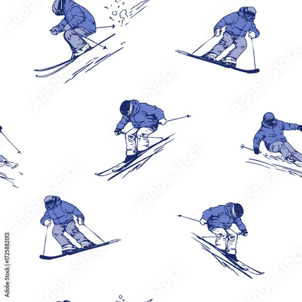 Fototapeta Skiers set, hand drawn sketch, monochrome vector illustration