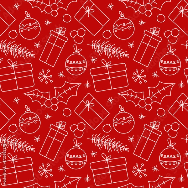 Fototapeta Winter Christmas seamless doodle pattern with Christmas tree toys, snowflakes, gifts, vector. Festive background template for design, decoration, fabric, wrapping paper. Christmas elements in a line