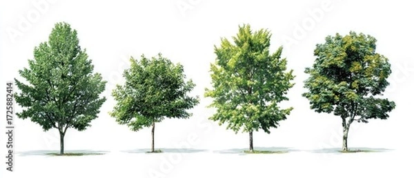 Obraz Four diverse trees, various shades of green, isolated on white background
