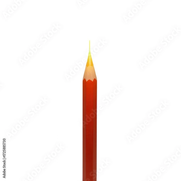 Fototapeta A vertically positioned, single red colored pencil, sharply pointed, with a bright yellow tip, against a pure black background, highlighting its simple, focused form.