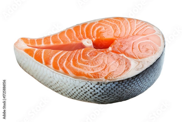 Fototapeta Raw salmon steak slice isolated on transparent or white background, perfect for seafood, gourmet cooking, healthy diet, culinary design, and recipe projects.