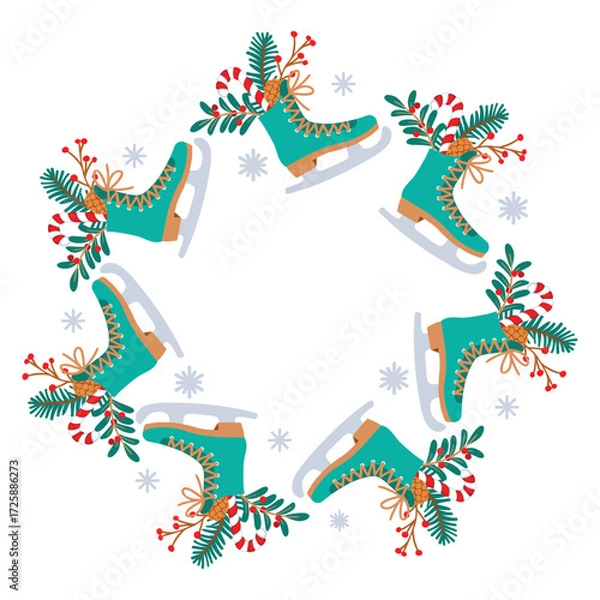 Fototapeta Festive frame of christmas skates with floral composition and snowflakes. Bouquet of red berries, pine branch with a cone and candy canes. Vector border with cartoon objects on white background.