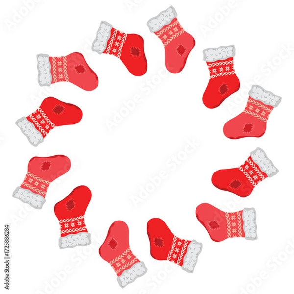 Fototapeta Festive frame with christmas sock. Border of patterned accessories isolated on white background. Cartoon objects in red and pink colors. Vector composition with copy space. Design for winter holidays.