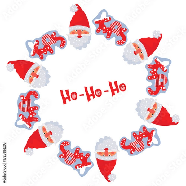 Fototapeta Santa and lettered text frame. Christmas border with funny character head and hand written xmas. Ho-Ho-Ho poster with cartoon objects composition. Festive vector card isolated on white background.