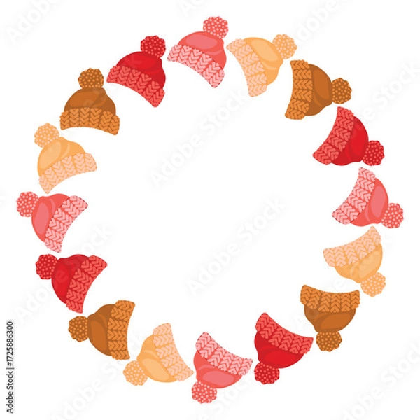 Fototapeta Knitted hats frame round shape. Border with warm accessories of various colors. Cartoon objects isolated on white background. Composition with copy space. Vector design for autumn or winter season.
