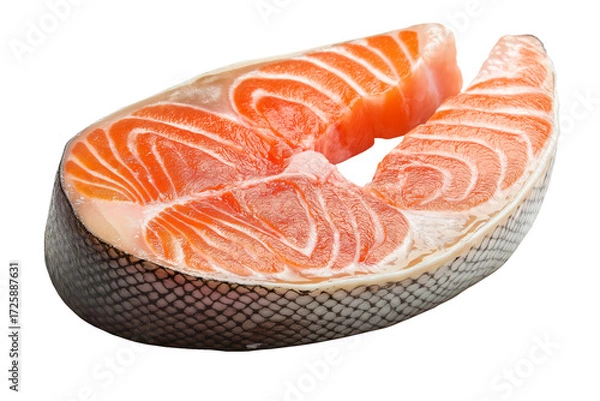 Fototapeta Fresh salmon steak slice isolated on transparent or white background, great for seafood, gourmet meals, healthy diet, cooking recipes, and culinary projects.