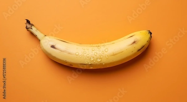 Fototapeta Bright Yellow Banana On Orange Background With Water Droplets For Fresh Fruit Theme