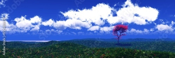 Obraz Panorama of a meadow with flowers, flowers and grass, grassy hill, blue sky with clouds and a meadow with flowers, 3D rendering