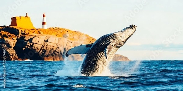 Fototapeta Majestic Humpback Whale Breaching; Dramatic Ocean Scene with Coastal Lighthouse; Vibrant Sunset Hues; Breathtaking Wildlife Photography; Powerful Nature Image.
