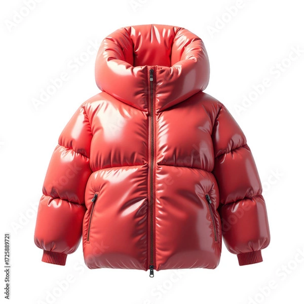 Fototapeta A vibrant, glossy, coral-hued puffer jacket stands out against a stark black backdrop.