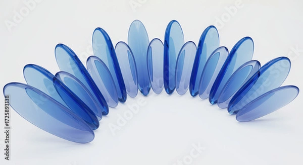 Fototapeta Abstract 3D render of ultra-thin transparent rounded glass panels, meticulously arranged in a sweeping smooth half-oval curve formation, suggesting forward digital movement.