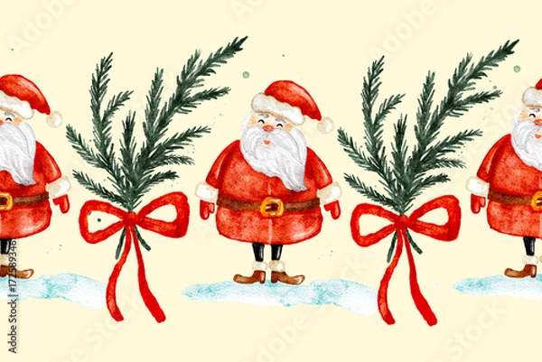 Fototapeta Santa claus and spruce branches watercolor seamless border pattern, ribbons design.