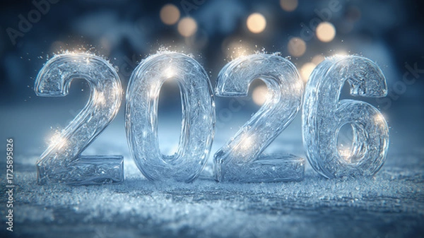 Fototapeta Iced 2026 numerals sculpted in a frosty landscape expressing winter renewal and the concept of a clean start for the coming year.
