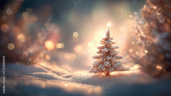 Fototapeta A snow covered Christmas sapling crowned with a star, symbolizing hope, renewal, and the warmth of the season.
