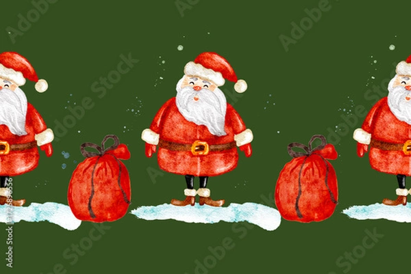 Fototapeta Christmas pattern with Santa Claus and gift bag repeats border for ribbons design.
