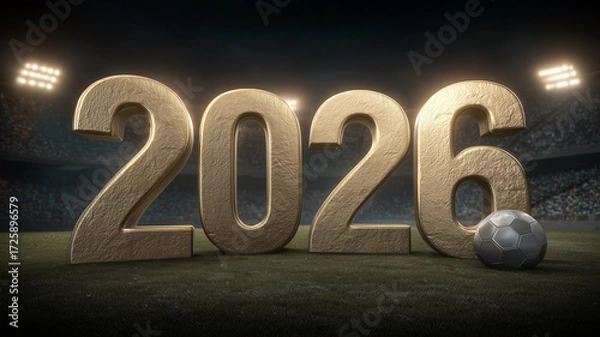 Fototapeta 2026 soccer concept with golden numerals on a stadium field, expressing global tournament excitement and team pride.
