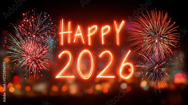 Fototapeta Happy 2026 greeting with fireworks and glowing lettering, conveying celebration, optimism, and a lively city countdown.
