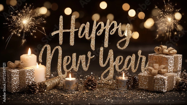 Fototapeta Happy New Year message with candles, sparklers, and gift boxes, celebrating fresh starts and festive joy.
