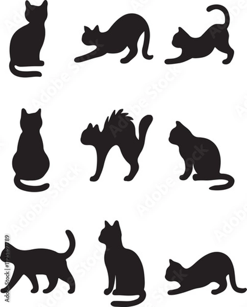 Fototapeta Cat silhouette set in various poses vector illustration