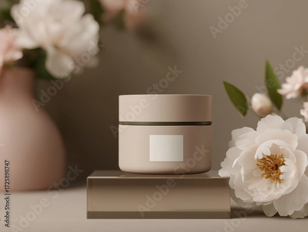 Fototapeta Cosmetic Cream Jar Mockup in Soft Pink with Flowers on Transparent Stand