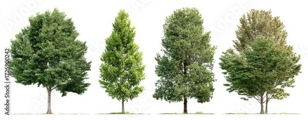 Obraz Four different trees, isolated against a white background.  Full, healthy, vibrant green foliage, varied shapes and densities.  Distinct trunks and canopies,  ideal for graphic design or illustration