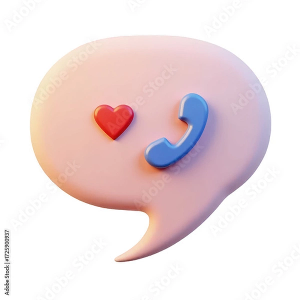 Fototapeta A charming, 3D rendered speech bubble, subtly colored pink, showcases a heart and a telephone icon, suggesting a warmhearted, communicative concept.