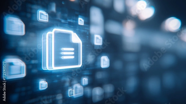 Fototapeta Document icons within a virtual network interface conveying cloud storage file sharing and enterprise content management at scale.
