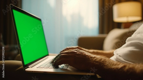 Fototapeta Hands on a laptop with a blank green screen mockup conveying adaptable workspace design for app presentation user interface testing and content placement.
