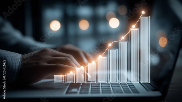 Fototapeta Rising bar chart projected from a laptop while hands type, illustrating business growth driven by digital strategy and performance optimization.
