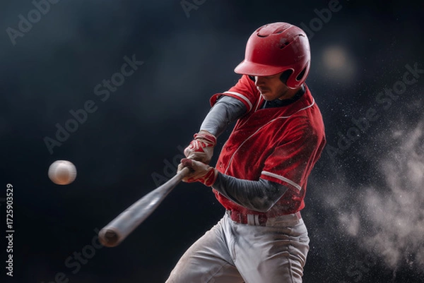 Fototapeta A baseball player is swinging a bat at a ball