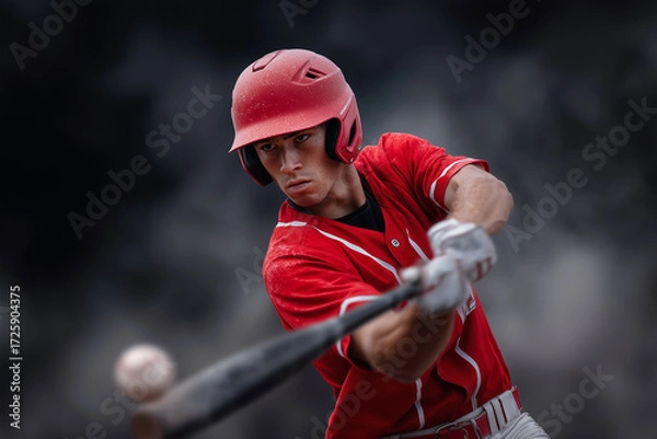 Fototapeta A baseball player in a red uniform swings a bat at a ball