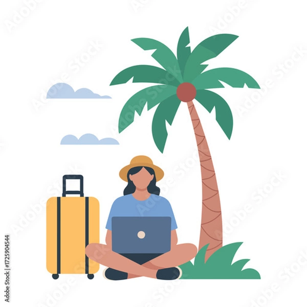 Fototapeta A digital nomad is shown working remotely on her laptop under a palm tree next to a suitcase, symbolizing a flexible and travel-oriented lifestyle.