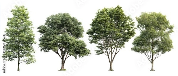 Obraz Four different trees against a white background.  Green foliage on tall, slender trunks