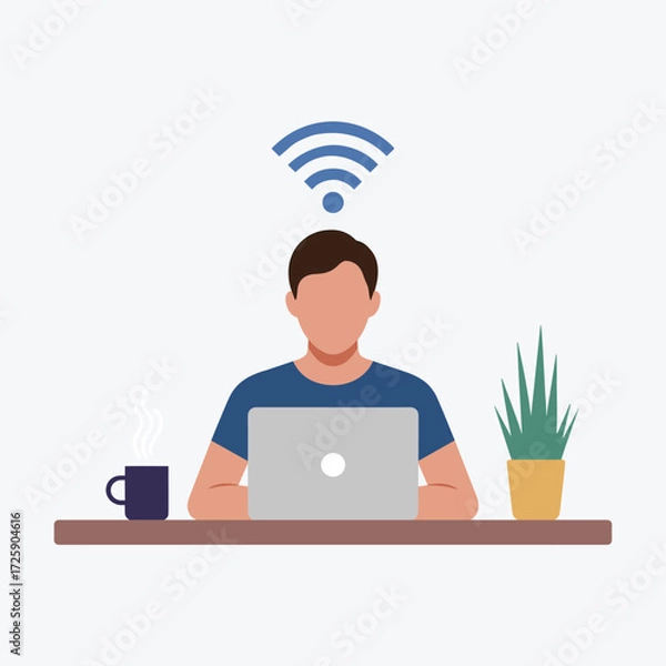 Fototapeta A person works remotely on a laptop with Wi-Fi connectivity, a coffee mug, and a plant on their desk.