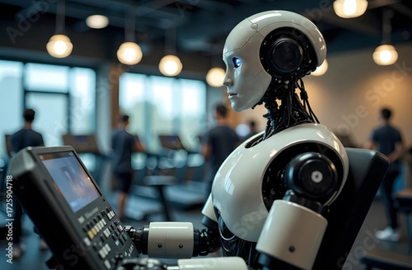 Fototapeta The robot works at a computer, solving complex tasks. The concept of artificial intelligence for the industrial revolution and automation of production processes.