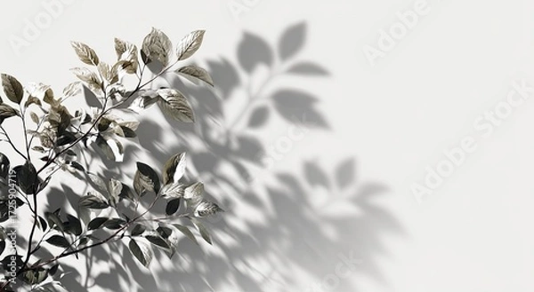 Obraz A muted gray-toned sprig casts intricate shadows on a white background