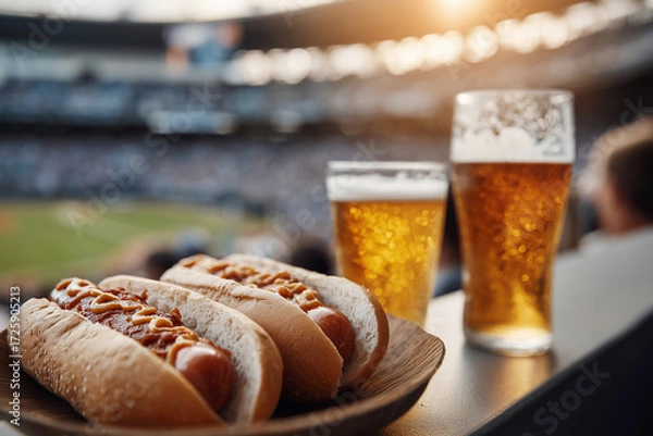 Fototapeta A plate of hot dogs and two glasses of beer are on a table in a stadium