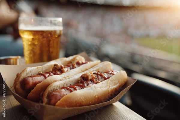 Fototapeta Three hot dogs with ketchup and mustard on a paper tray