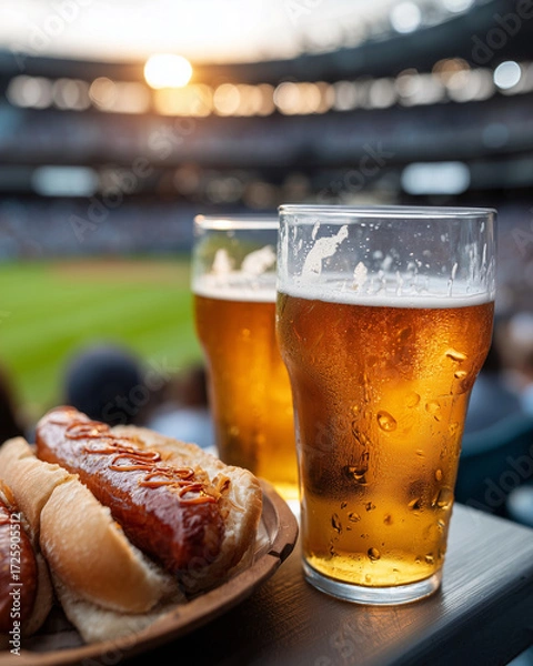 Fototapeta A couple of beers and hot dogs are on a table in front of a stadium