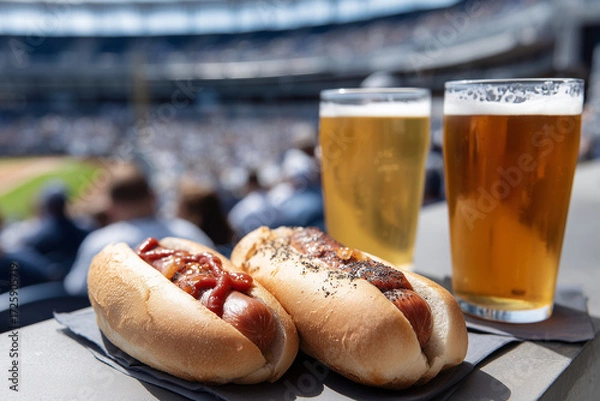 Fototapeta A couple of hot dogs and two glasses of beer are on a table in a stadium