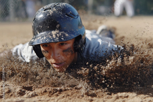 Fototapeta A baseball player is sliding into a base