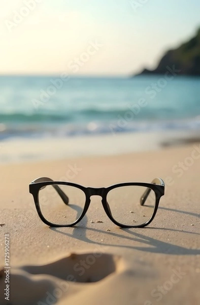 Fototapeta Fashionable plastic-rimmed glasses on the beach. Select a space for text. Promotion for eyeglass frames. Sale at the optics store.