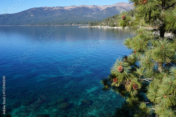 Obraz panoramic view of clear water, rocks and sand in beautiful lake Tahoe, Ca, USA, on a sunny day near Sand harbor